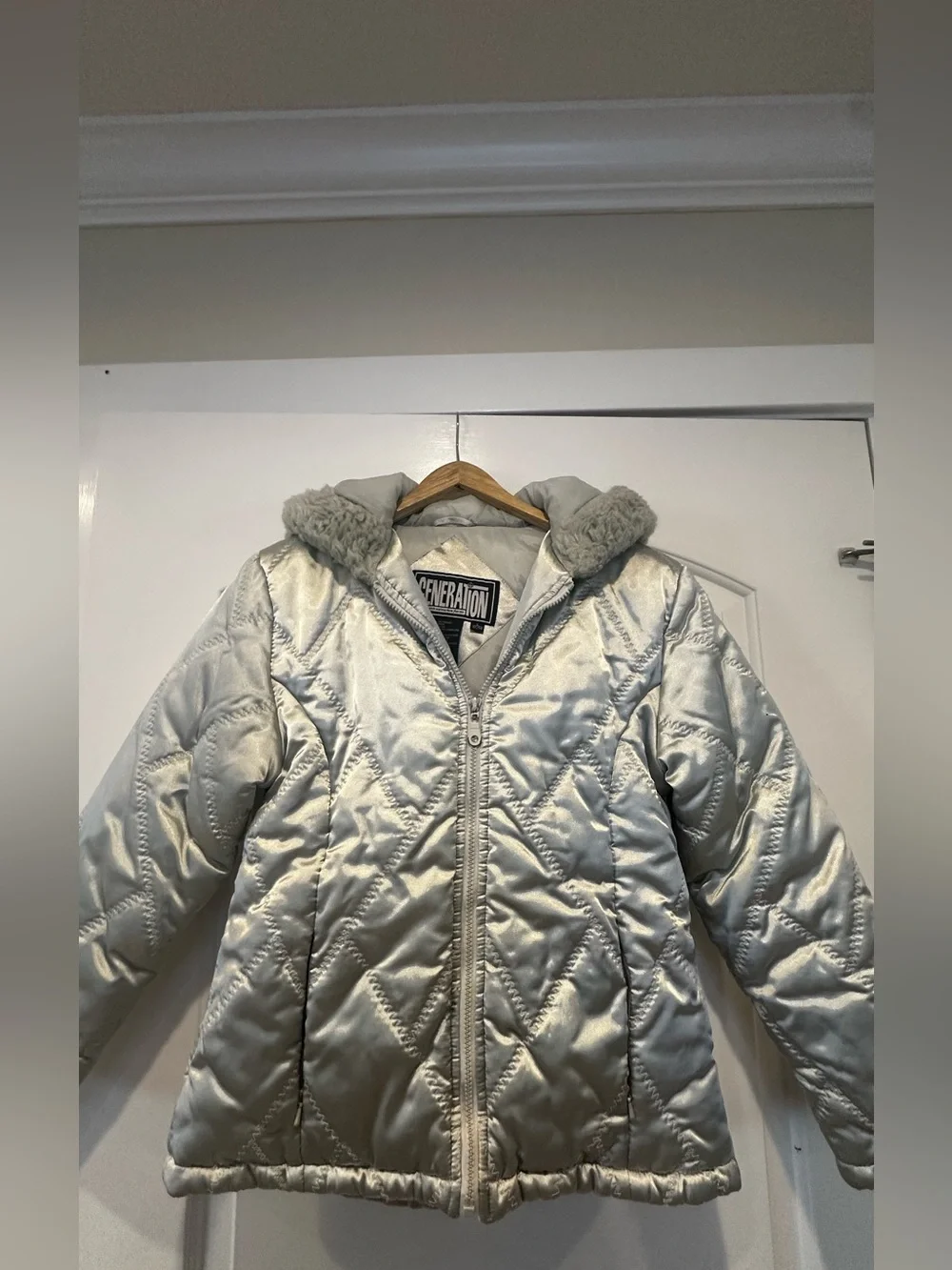 GENERATION Y Shimmery Silver Quilted Puffer with Faux Fur Trim